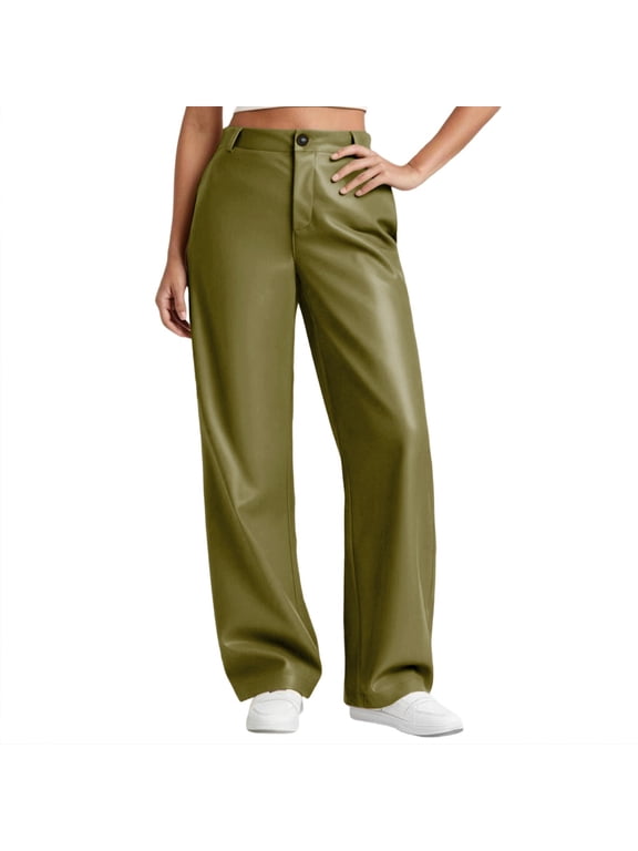 Womens Faux Leather Pants Fashion Solid Button PU Straight Leg Trousers Lightweight Loose High Waist Pants with Pockets Stretch Open Bottom Business Casual Pants for Women