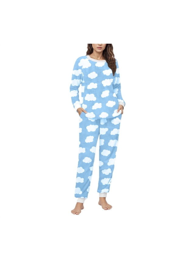 Womens Fluffy Pajama Sets Cute Cloud Print Long Sleeve Fuzzy Fleece Sleepwear and Joggers 2 Piece Pj Sets Winter Soft Comfy Plush Warm Loungewear with Pockets
