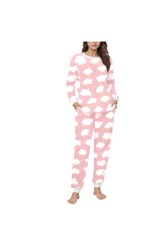 Womens Fluffy Pajama Sets Cute Cloud Print Long Sleeve Fuzzy Fleece Sleepwear and Joggers 2 Piece Pj Sets Winter Soft Comfy Plush Warm Loungewear with Pockets