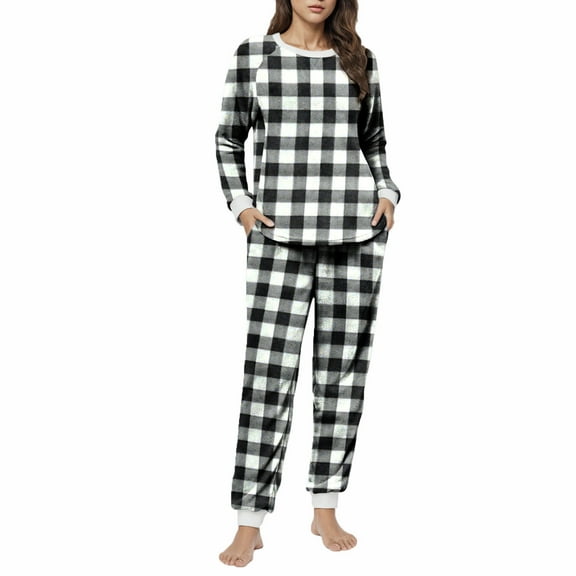Gytharion Womens Fluffy Pajama Sets Soft Cozy Long Sleeve Fuzzy Fleece Sleepwear and Joggers 2 Piece Pj Sets Winter Plaid Print Plush Warm Loungewear with Pockets