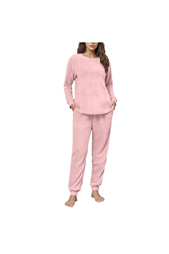Womens Fluffy Pajama Sets Soft Cozy Solid Long Sleeve Fuzzy Fleece Sleepwear and Joggers 2 Piece Pj Sets Winter Plush Warm Loungewear with Pockets