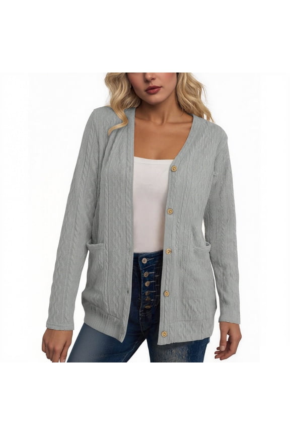 Womens Jacquard Cardigan Jackets Fashion Casual Long Sleeve Open Front V-Neck Blouse Soft Cozy Button Down Sweatshirt Coat with Pockets