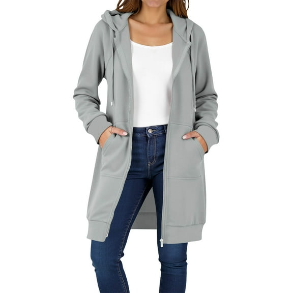 Gytharion Womens Long Full-Zip Jackets Fashion Casual Solid Long Sleeve Drawstring Hooded Coat Lightweight Loose Fall Cardigan Jackets with Pockets
