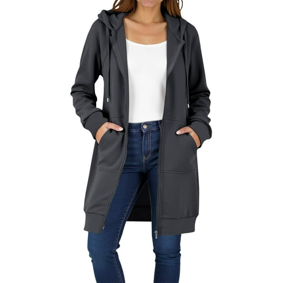 Gytharion Womens Long Full-Zip Jackets Fashion Casual Solid Long Sleeve Drawstring Hooded Coat Lightweight Loose Fall Cardigan Jackets with Pockets