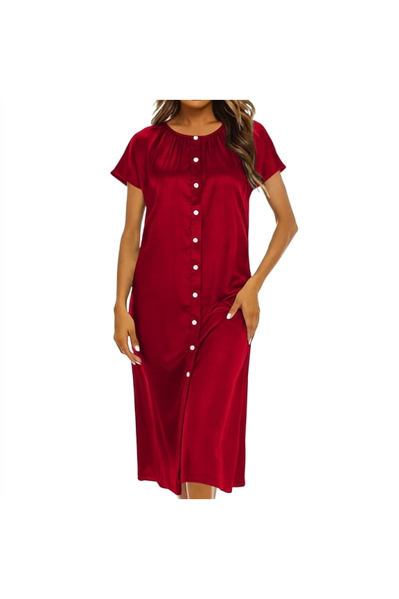 Womens Midi Satin Nightgowns Fashion Casual Short Sleeve Crew Neck Sleep Dress Summer Solid Button Down Silk Nightdress for Women
