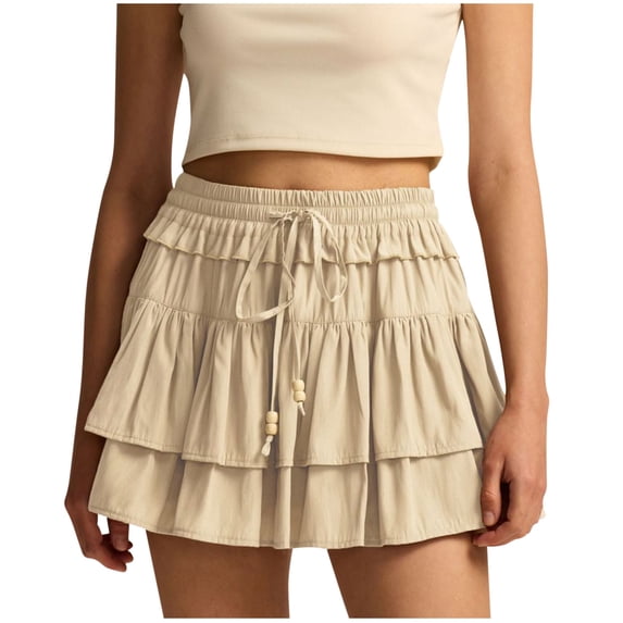 Gytharion Womens Mini Skirt Built-in Shorts Cute Solid Pleated Tiered Ruffle Short Skirt Summer Flowy Drawstring Elastic High Waist Tennis Golf Skort