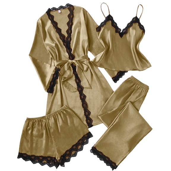 Gytharion Womens Pajama Sets 4 Piece Satin Sleepwear Outfits Soft Comfy Silk Robe Cami Top Short and Long Pant Loungewear Sets Fashion Solid Lace Trim Matching Pj Sets for Women