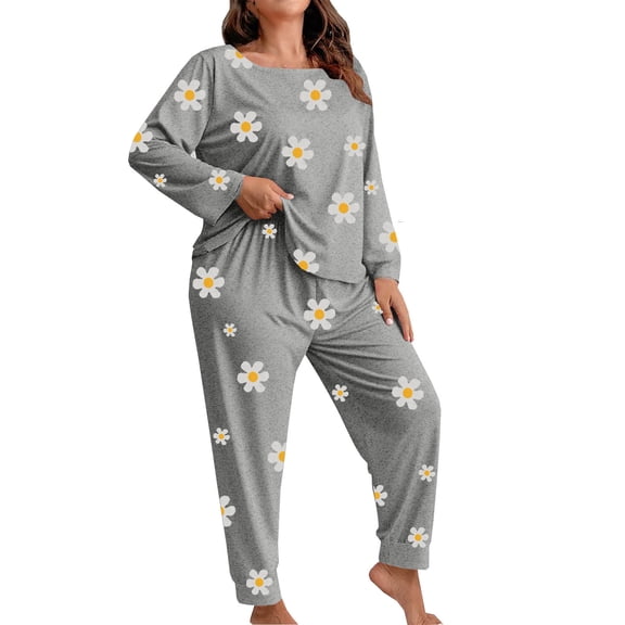Gytharion Womens Pajama Sets Cute Daisy Print Sleepwear Set Soft Comfy Long Sleeve Crew Neck Top and Pants Pj Sets 2 Piece Loungewear Outfits for Women, Size XL-5XL