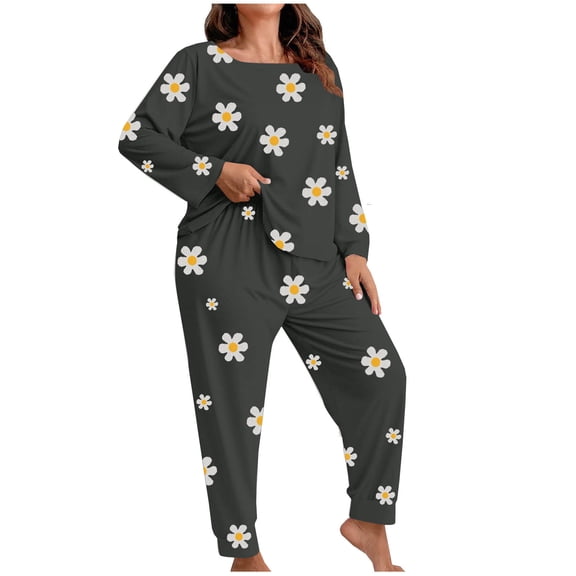 Gytharion Womens Pajama Sets Cute Daisy Print Sleepwear Set Soft Comfy Long Sleeve Crew Neck Top and Pants Pj Sets 2 Piece Loungewear Outfits for Women, Size XL-5XL