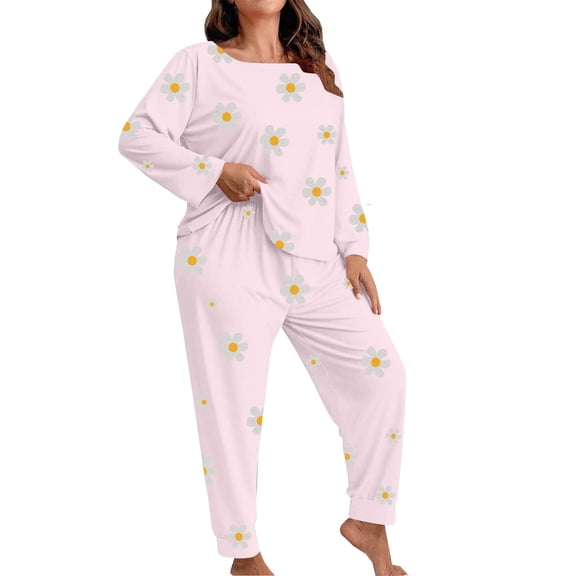 Gytharion Womens Pajama Sets Cute Daisy Print Sleepwear Set Soft Comfy Long Sleeve Crew Neck Top and Pants Pj Sets 2 Piece Loungewear Outfits for Women, Size XL-5XL