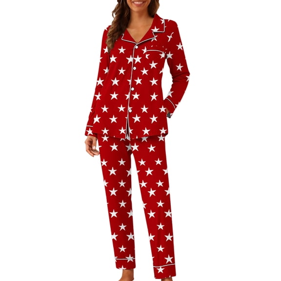 Gytharion Womens Pajama Sets Cute Star Print Sleepwear Sets Long Sleeve Button Down Lapel Top and Long Pant Pj Sets 2 Piece Loungewear Outfits with Pockets