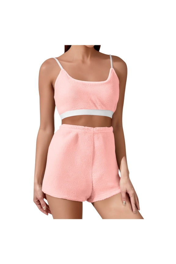Womens Plush Pajama Sets Winter Fleece Warm Cami Underwear Bras and Shorts 2 Piece Pj Sets Soft Cozy Fuzzy Thermal Loungewear Sleepwear