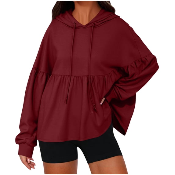 Gytharion Womens Solid Hooded Sweatshirts Fashion Casual Pleated Ruffled Hem Hoodies Fall Loose Comfy Long Sleeve Pullover Tops for Women