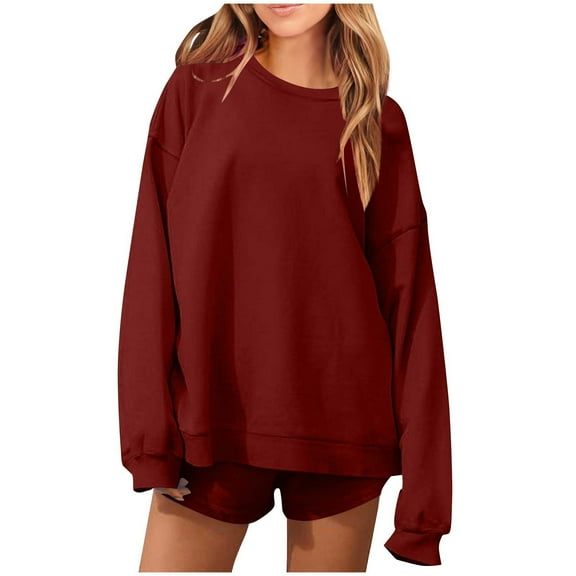 Gytharion Womens Sweatsuit Sets 2 Piece Fall Outfits Long Sleeve Crew Neck Blouses and Shorts Lounge Sets Loose Cozy Casual Tracksuit Sets