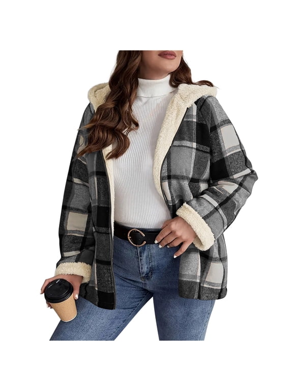 Womens Winter Sherpa Fleece Lined Jackets Fashion Casual Plaid Printed Full Zip Hooded Coat Loose Comfy Long Sleeve Warm Fuzzy Outerwear for Women