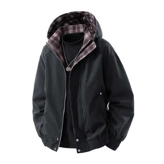 Gytharion Work Jackets for Men Plus Size Fashion Plaid Patchwork Long Sleeve Hooded Zipper Cargo Jacket Men's Lightweigt Casual Workwear Coats with Pockets