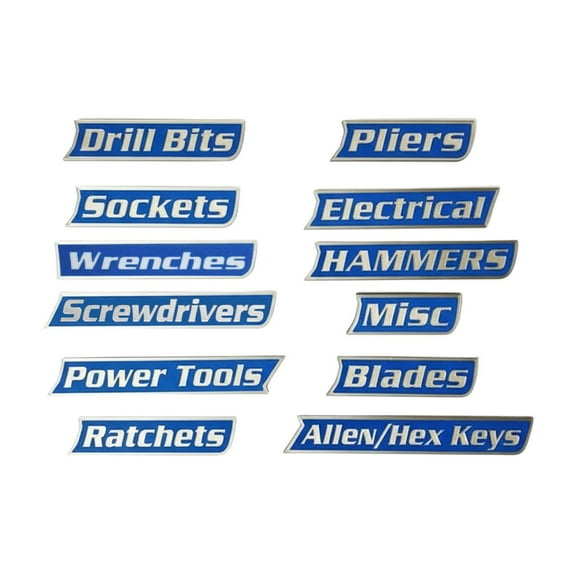 Gytml 12 Pack Tool Box Labels Self Adhesive Copper Font Tool Chest Organizer Stickers Durable Hardware Drawer Tags For Garage Workshop Tool Cabinet Storage(Blue-4.72")