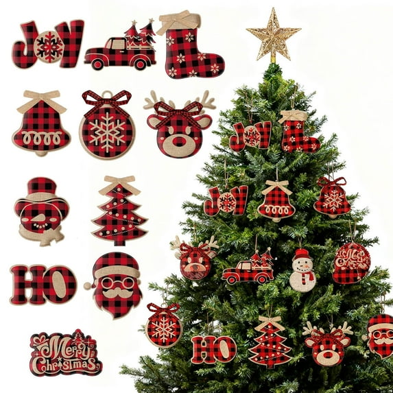 Gytml 24Pc Christmas Buffalo Plaid Hanging Ornaments, 12 Styles Christmas Tree Wooden Hanging Decor, Snowflake Reindeer Snowman Plaid Christmas Decor Red-9cm
