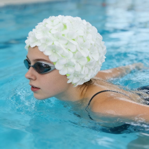 Gytml 3D Hydrangea Floral Swim Cap For Women, Stretch Elastic Fabric Comfort Bathing Cap, Cute Flower Decor Swimming Hat For Pool Beach Spa Summer Vacation(White-7.87")