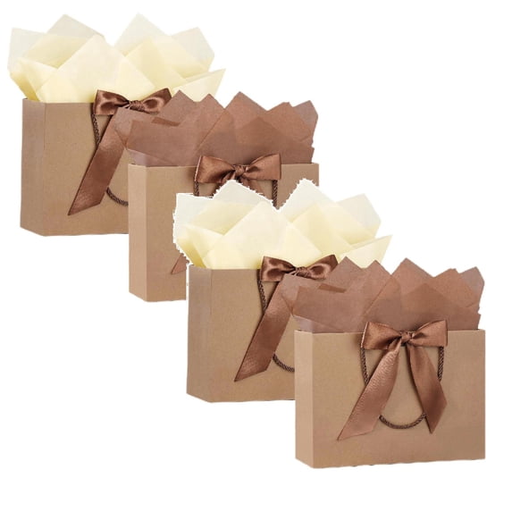 Gytml 4 Pack Paper Gift Bags With Satin Bow Ribbon, Reusable Gift Tote Bag With Twisted Handle, Medium Gift Packaging Bag For Wedding Birthday Holiday Presents(Brown-11.02")