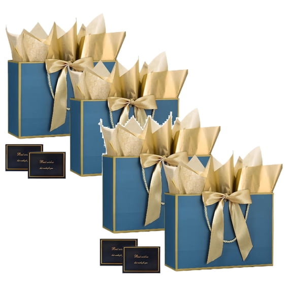 Gytml 4 Pack Paper Gift Bags With Satin Bow Ribbon, Reusable Gift Tote Bag With Twisted Handle, Medium Gift Packaging Bag For Wedding Birthday Holiday Presents(Gold-11.02")