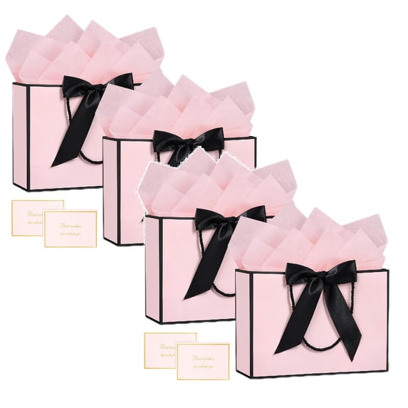Gytml 4 Pack Paper Gift Bags With Satin Bow Ribbon, Reusable Gift Tote Bag With Twisted Handle, Medium Gift Packaging Bag For Wedding Birthday Holiday Presents(Pink-11.02")