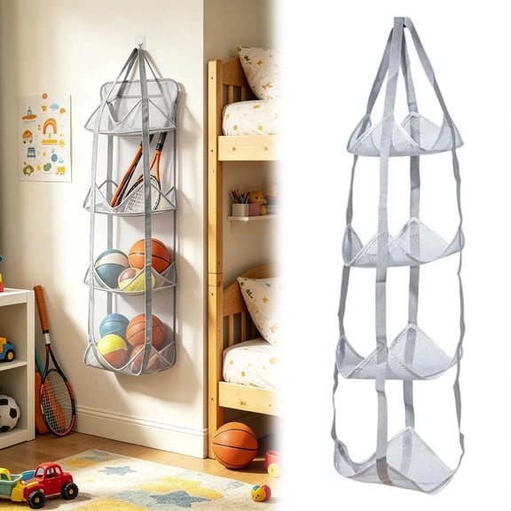 Gytml 4-Tier Stuffed Animal Storage Net, Foldable Hanging Mesh Storage Organizer, Breathable Mesh Toy Storage Net For Closet & Bedroom(Grey-110cm)