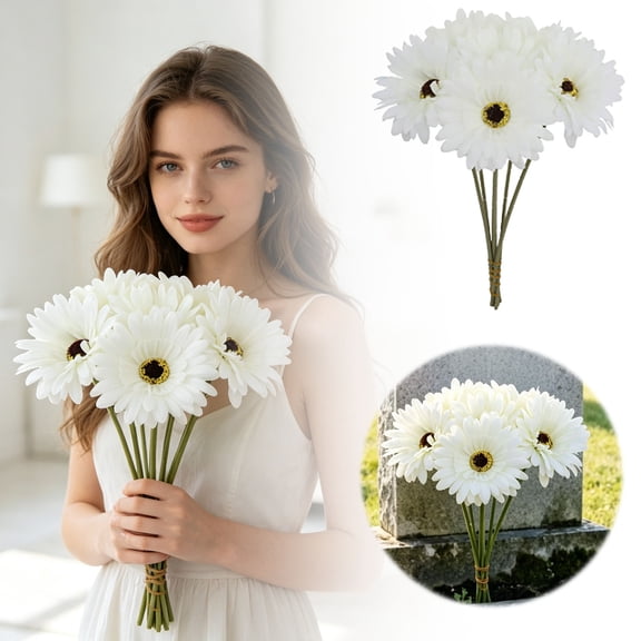 Gytml Cemetery Grave Artificial Flowers, 6Pcs White Gerbera Daisy Bouquet With Long Stems For Cemetery Grave Decor, Memorial Day Floral Arrangement, Indoor/Outdoor Use(White-10.2")
