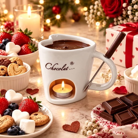 Gytml Ceramic Chocolate Fondue Mug,Tealight Chocolate Melting Cup,Tabletop Mini Fondue Warmer Bowl With Fork For Xmas Holiday Party Dinner Dessert(White-4.13")