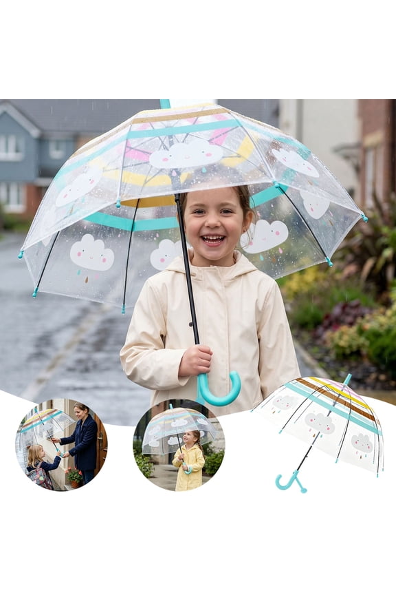 Clear Rain Umbrella Cute Cartoon Cloud Print Wind Resistant Umbrella Windproof Curved Handle Rain Umbrella For Boys Girls Outdoor Walking(Clear-27.56 Inch)