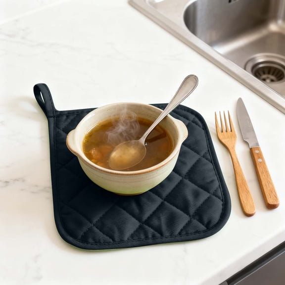Gytml Cotton Heat Resistant Trivet Pot Holder Quilted Square Hot Pad With Hanging Loop Non Slip Heat Proof Mat For Kitchen Table Cookware Bowl Dish Daily Cooking Protection(Black-7.09"×7.09")