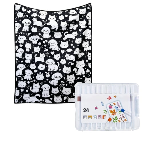 Gytml Diy Coloring Blanket With 24 Markers, Washable Flannel Color Your Own Throw, Floral Fruit Animal Pattern Art Craft Blanket For Bedroom Decor(E-50" X 59.06")