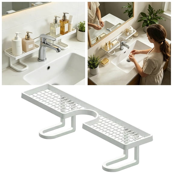 Gytml Double Sink Caddy Organizer Hollow Grid Draining Bathroom Sink Storage Rack Split Faucet Gap Countertop Faucet Shelf Tray For Bathroom Vanity Toiletries Skincare Storage(White-19.69")