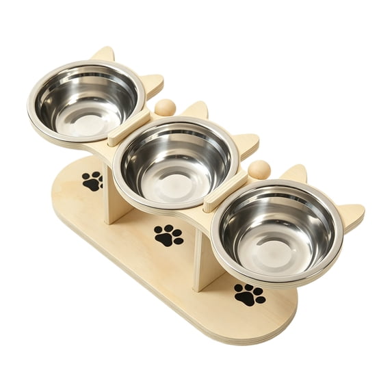 Gytml Elevated Triple Cat Bowls With Wooden Stand, Raised 3 Stainless Steel Dishes For Food Water, Easy Clean Feeder For Cats & Small Dogs(Khaki-16.85Inch)