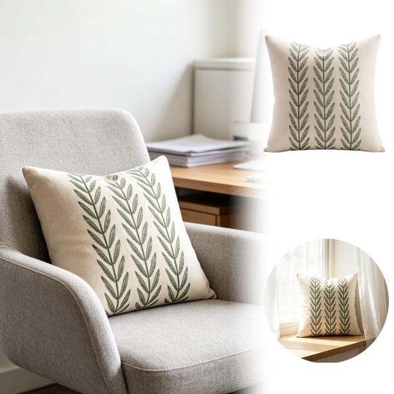 Gytml Embroidered Green Leaf Throw Pillow Cover, Neutral Beige Linen Square Decorative Cushion Case, Farmhouse Botanical Leaf Embroidery Pillow Sham For Sofa Couch Bed Home Decor(White-15.7")
