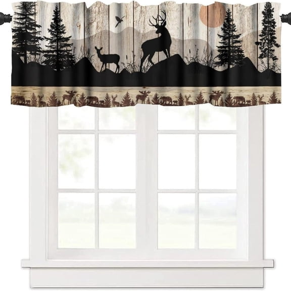 Gytml Forest Print Window Valance Vintage Wood Plank Deer Short Window Curtain Light Filtering Rod Pocket Kitchen Cafe Window Valance For Farmhouse Home Decor(Black-53.94"17.72")