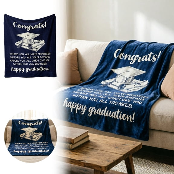 Gytml Graduation Flannel Throw Blanket, Inspirational Grad Cap Diploma Print Soft Blanket, Warm Cozy Graduation Gift Plush Blanket For Couch Bed Graduate Bedroom Decor(Blue-51x59In)