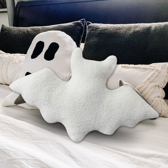 Gytml Halloween Bat Shaped Throw Pillow, Soft Fuzzy Plush Bat Cushion, Decorative Pillow For Sofa Bed Couch Holiday Home Decoration(White-大号)