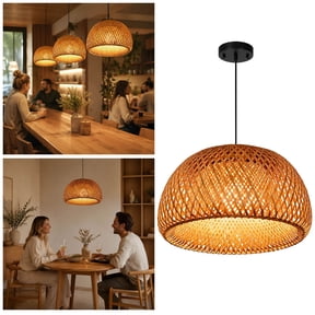 Gytml Hand Woven Rattan Dome Pendant Light, Natural Bamboo Wicker Hanging Lamp, Adjustable Cord Retro Boho Pendant Lighting For Dining Room Kitchen Cafe Restaurant Home Decor(Beige-17.72")