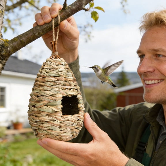 Gytml Handwoven Grass Bird House, Hanging Natural Bird Nest for Outside, Eco-Friendly Bird Hut for Small Birds Beige1-11x24cm