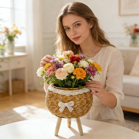 Gytml Handwoven Rattan Planter With Wooden Legs, Decorative Flower Pot With Lace Bow, Elevated Stand For Indoor Floral Arrangements Yellow-14CM