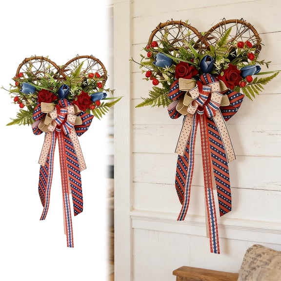 Gytml Heart Patriotic Front Door Wreath, Red Blue White Artificial Floral Americana Hanging Wreath, Tulip Rose Berry Striped Ribbon Wreath For Independence Day July 4Th Decor(Blue-11.")