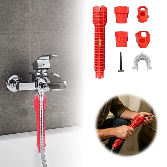 Gytml Sink Wrench Tool Kit Red Grid Handle Plumbing Repair Wrench With 4 Size Adapters Multi-Size Pipe Nut Removal Tool For Bathroom Kitchen Faucet Hose Installation(Red-9.84")
