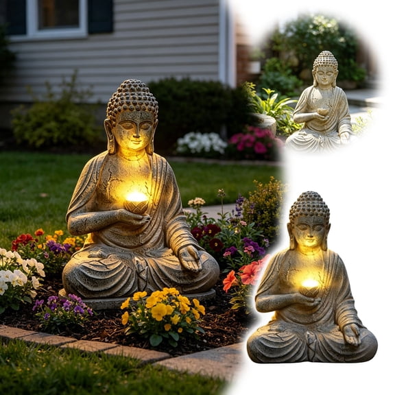 Gytml Solar Led Buddha Garden Statue, Weather Resistant Resin Sitting Buddha Figurine With Warm Light Outdoor Yard Patio Landscape Decor Solar Light Ornament(Beige-9.45")