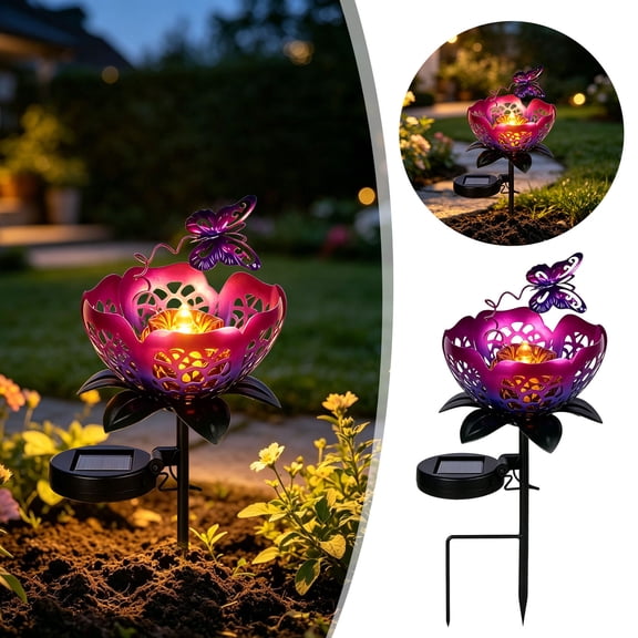 Gytml Solar Metal Rose Butterfly Garden Stake Light Waterproof Led Solar Flower Pathway Light Auto On/Off Outdoor Decorative Landscape Light For Yard Lawn Patio Backyard(Purple-15.75")