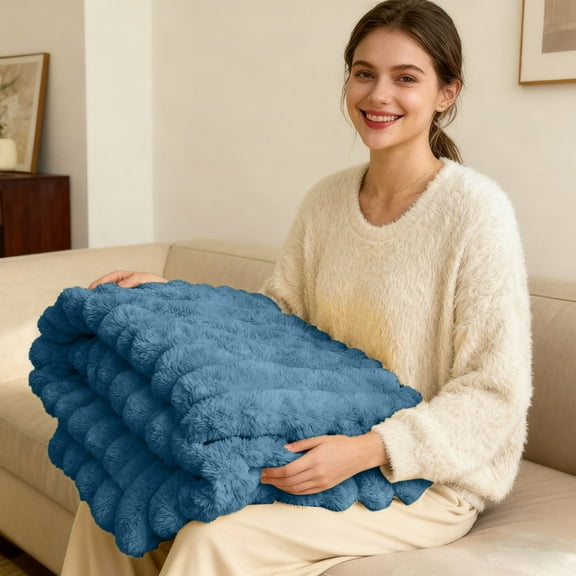 Gytml Ultra Soft Cozy Faux Fur Throw Blanket, Fuzzy Plush Thick Bubble Blanket, Luxury Fluffy Blanket For Couch, Sofa, Bedroom, And Living Room Blue-A