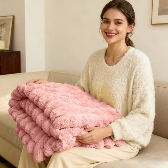 Gytml Ultra Soft Cozy Faux Fur Throw Blanket, Fuzzy Plush Thick Bubble Blanket, Luxury Fluffy Blanket For Couch, Sofa, Bedroom, And Living Room Pink-C