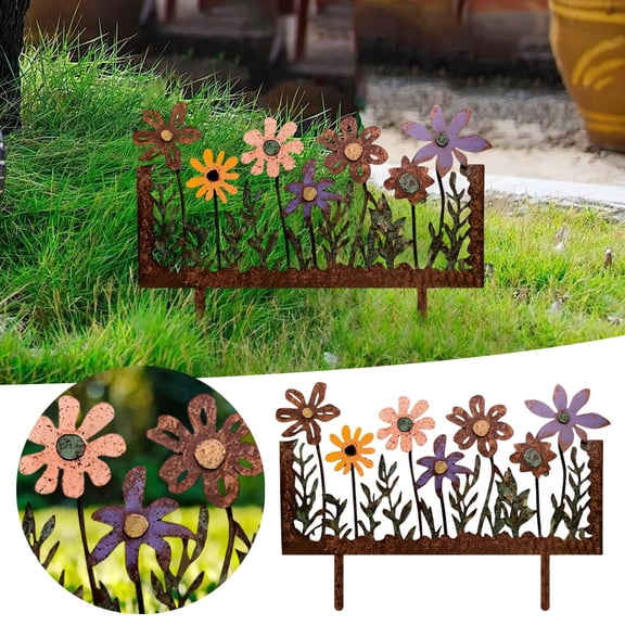 Gytml Vintage Painted Metal Flower Garden Stake Rust Finished Silhouette Flower Yard Border Decor, Weatherproof Metal Flower Cutout Stake For Outdoor Garden Lawn Edge Decoration(Brown-11.")