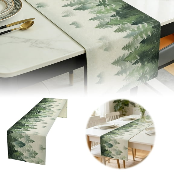 Gytml Watercolor Pine Tree Table Runner, Green Forest Print Linen Textured Long Table Scarf, Farmhouse Minimalist Neutral Table Runner For Table Home Kitchen Decor(Green-108.2In)