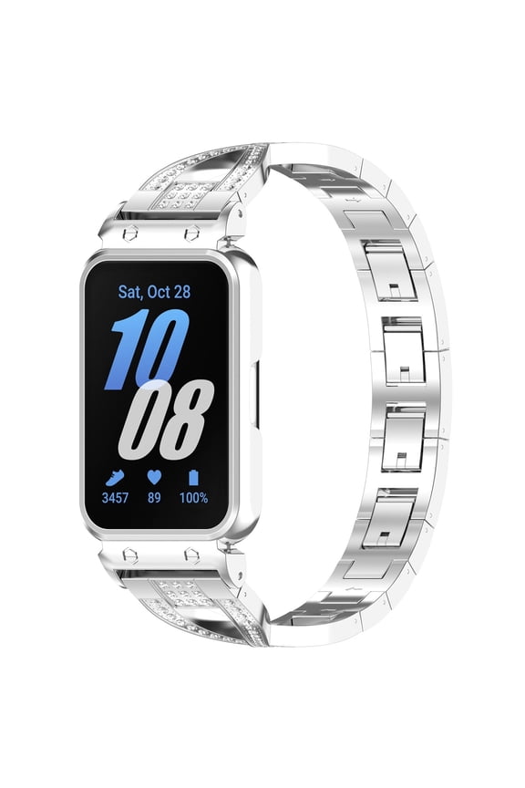 Women'S Bling Rhinestone Metal Smart Watch Strap With Protective Case, Adjustable Stainless Steel Fitness Tracker Replacement Bracelet(Silver-Fit3)